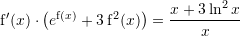 Rendered by QuickLaTeX.com {\mathrm f}'(x)\cdot\left(e^{{\mathrm f}(x)}+3\,{\mathrm f}^2(x)\right)=\dfrac{x+3\ln^2 x}{x}